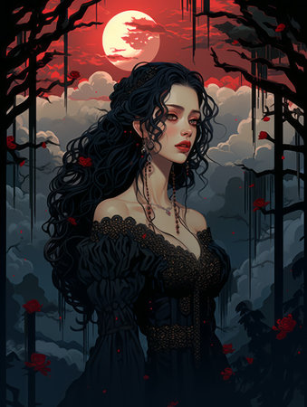 an illustration of a woman with long black hair in a forestの素材
