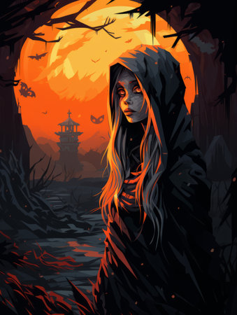 an illustration of a woman in a black hood standing in front of an orange sunsetの素材