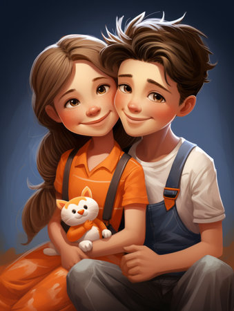 an illustration of a young boy and girl hugging each otherの素材