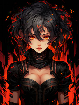 anime girl with black hair and red eyesの素材