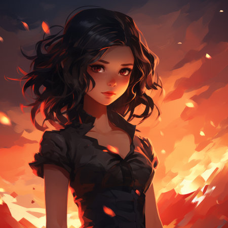 anime girl with black hair standing in front of fireの素材