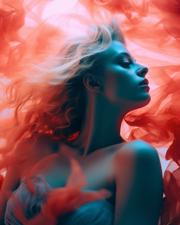 a beautiful woman with red hair is in the airの素材