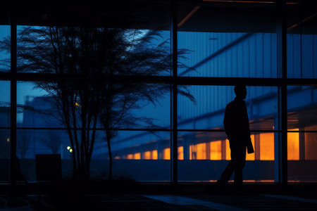 a man is silhouetted in front of a large windowの素材