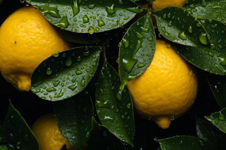 a bunch of lemons on a tree with water dropletsの素材