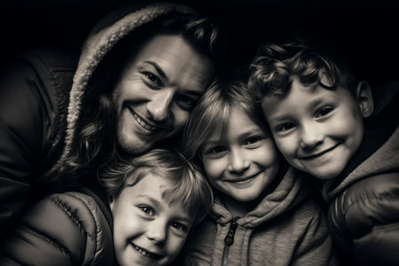 a black and white photo of a familyの素材
