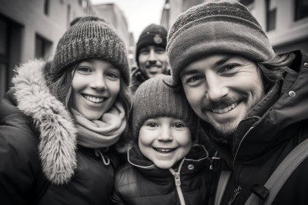 a black and white photo of a family posing for the cameraの素材