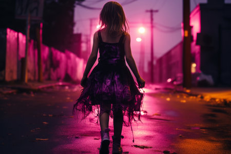 a girl in a purple dress walking down the street at nightの素材