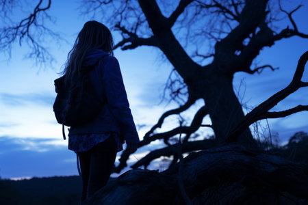 a silhouette of a girl standing on top of a treeの素材