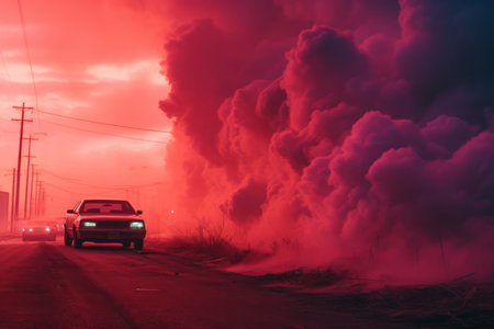 a car driving down a road with smoke coming out of itの素材