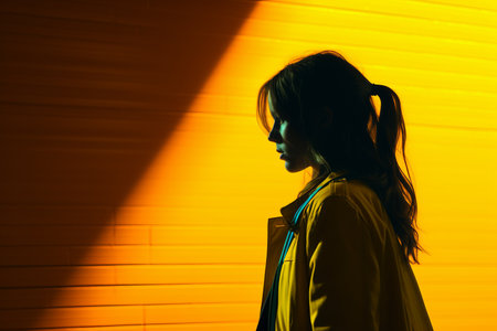 a silhouette of a woman in a yellow jacket standing in front of a yellow wallの素材