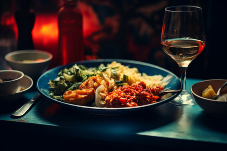 a bowl of food and a glass of wine on a tableの素材