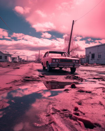 a pink car is parked on a dirt roadの素材