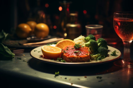 a plate of food and a glass of wine on a tableの素材