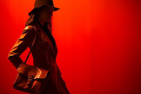 a woman in a hat and coat holding a bagの素材