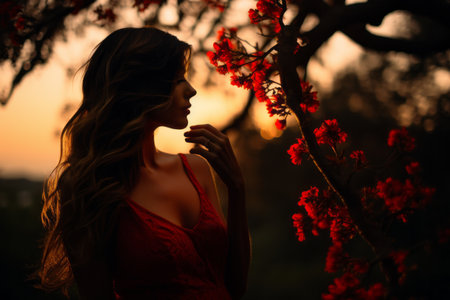 a woman in a red dress stands in front of a tree with red flowersの素材