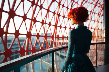 a red haired woman in a blue dress looking out a windowの素材