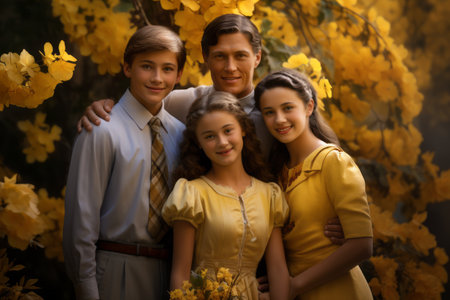 a family poses for a photo in front of yellow flowersの素材