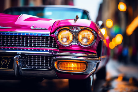 a close up of a pink classic car on a city streetの素材