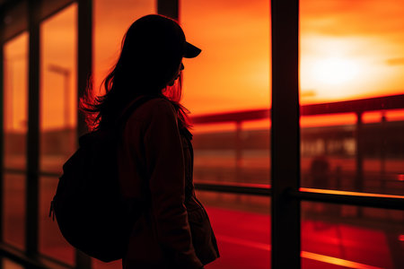a silhouette of a woman with a backpack standing in front of a windowの素材