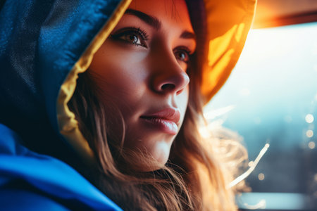 a woman in a blue jacket and yellow hoodie looking out the windowの素材
