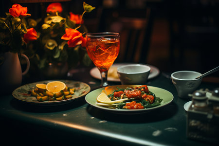 a table with two plates of food and a glass of wineの素材