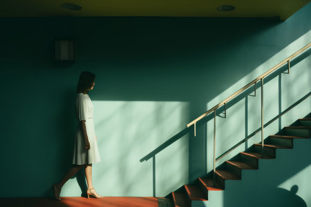 a woman is walking down the stairs in front of a blue wallの素材