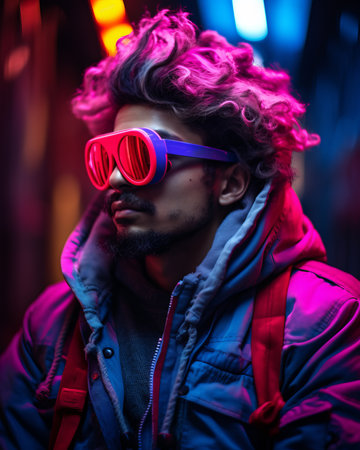 a man with pink glasses and purple hairの素材