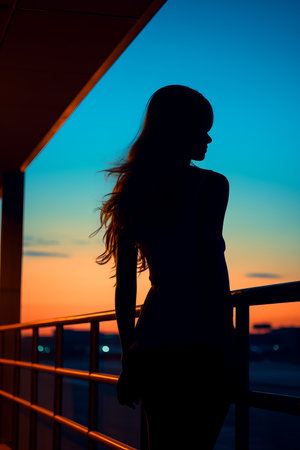 a silhouette of a woman standing on a balcony at sunsetの素材