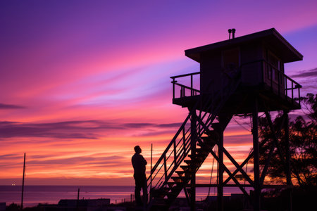 a silhouette of a man standing on top of a lifeguard tower at sunsetの素材