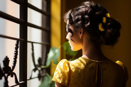 a woman in a yellow dress looking out the windowの素材