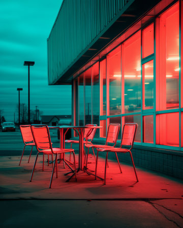 a table and chairs in front of a buildingの素材
