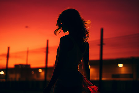 a silhouette of a woman walking in front of a red sunsetの素材