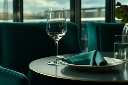 a glass of wine sitting on a table next to a green chairの素材