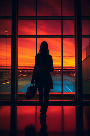 a person standing in front of a window with a suitcaseの素材