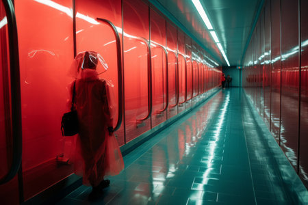 a person in a red coat walking down a hallwayの素材