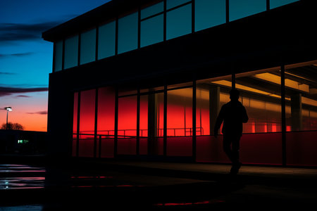 a person walking in front of a building at nightの素材