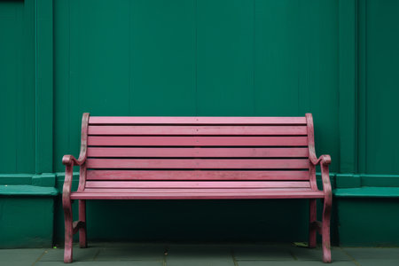 a pink bench sitting in front of a green wallの素材