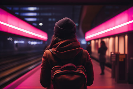 a woman with a backpack standing in front of a train station at nightの素材
