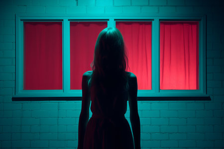 a woman standing in front of a window with red curtainsの素材