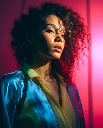 a woman with curly hair and a colorful shirtの素材
