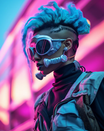 a woman with blue hair and glasses standing in front of a neon lightの素材