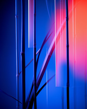 an abstract image of a bamboo plant with red and blue lightsの素材