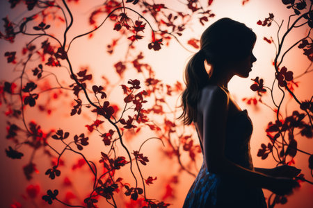 silhouette of a woman standing in front of red leavesの素材