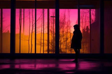 silhouette of a woman standing in front of large windowsの素材