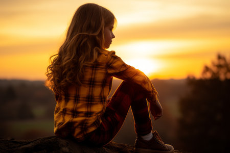 a young girl sitting on a rock at sunsetの素材