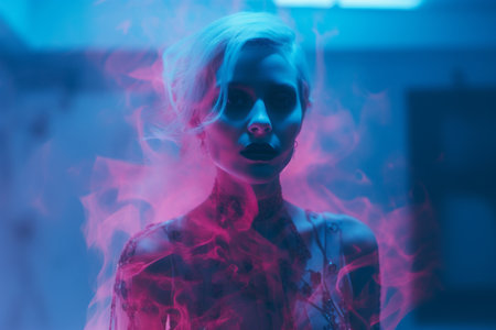 an image of a woman with pink smoke coming out of her mouthの素材