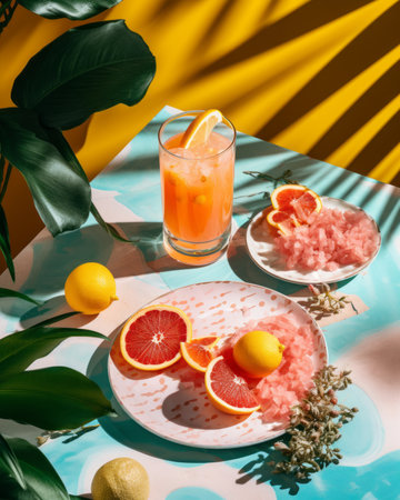 grapefruit and orange juice on a table next to a palm treeの素材