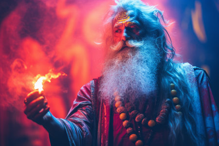 an old man with a long white beard holding a flameの素材