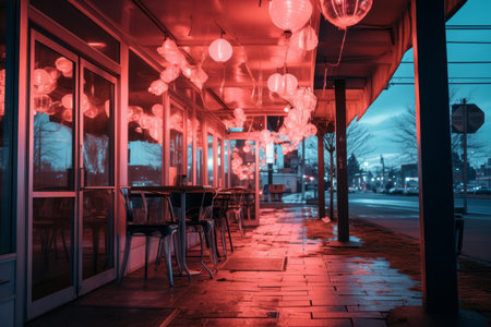 red lanterns hanging from the ceiling of an asian restaurantの素材