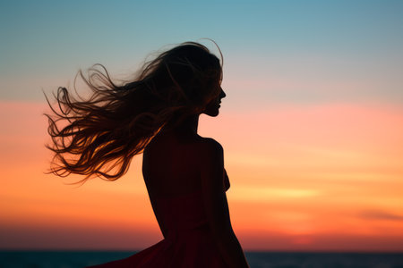 silhouette of a beautiful woman with long hair standing on the beach at sunsetの素材
